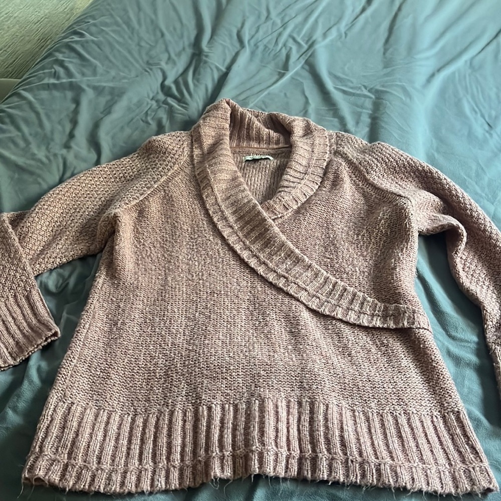 Salmon colored shawl collar sweater